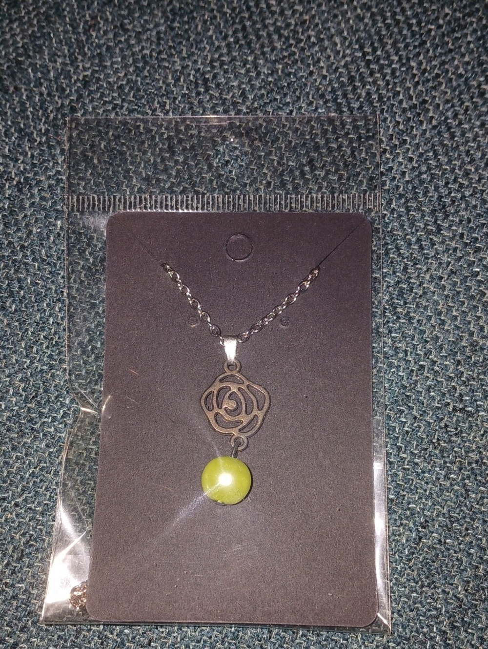 Silver Rose Pendant Necklace with Lime Green Bead
